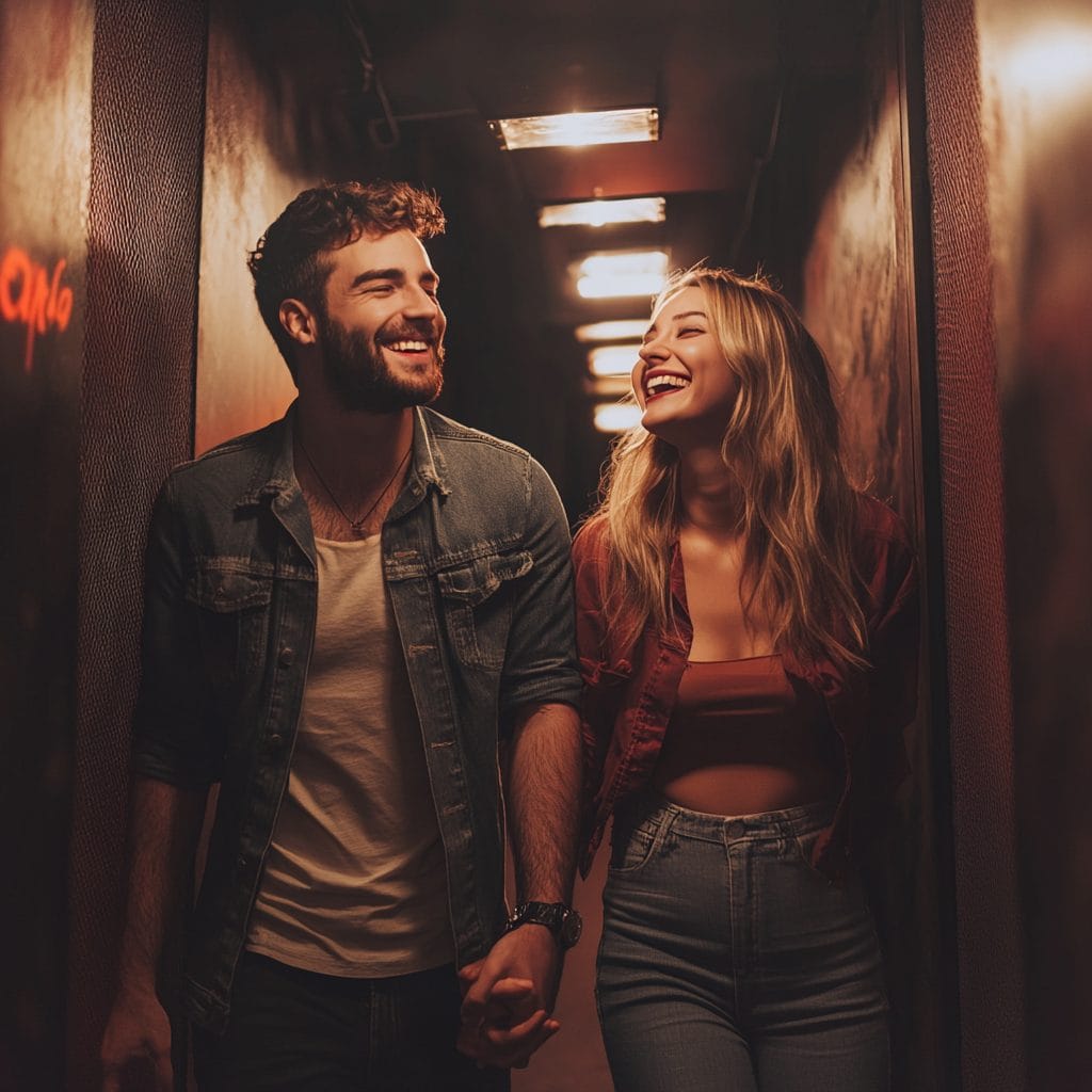 Couple laughing together inside an escape room at Escape Time St Ives