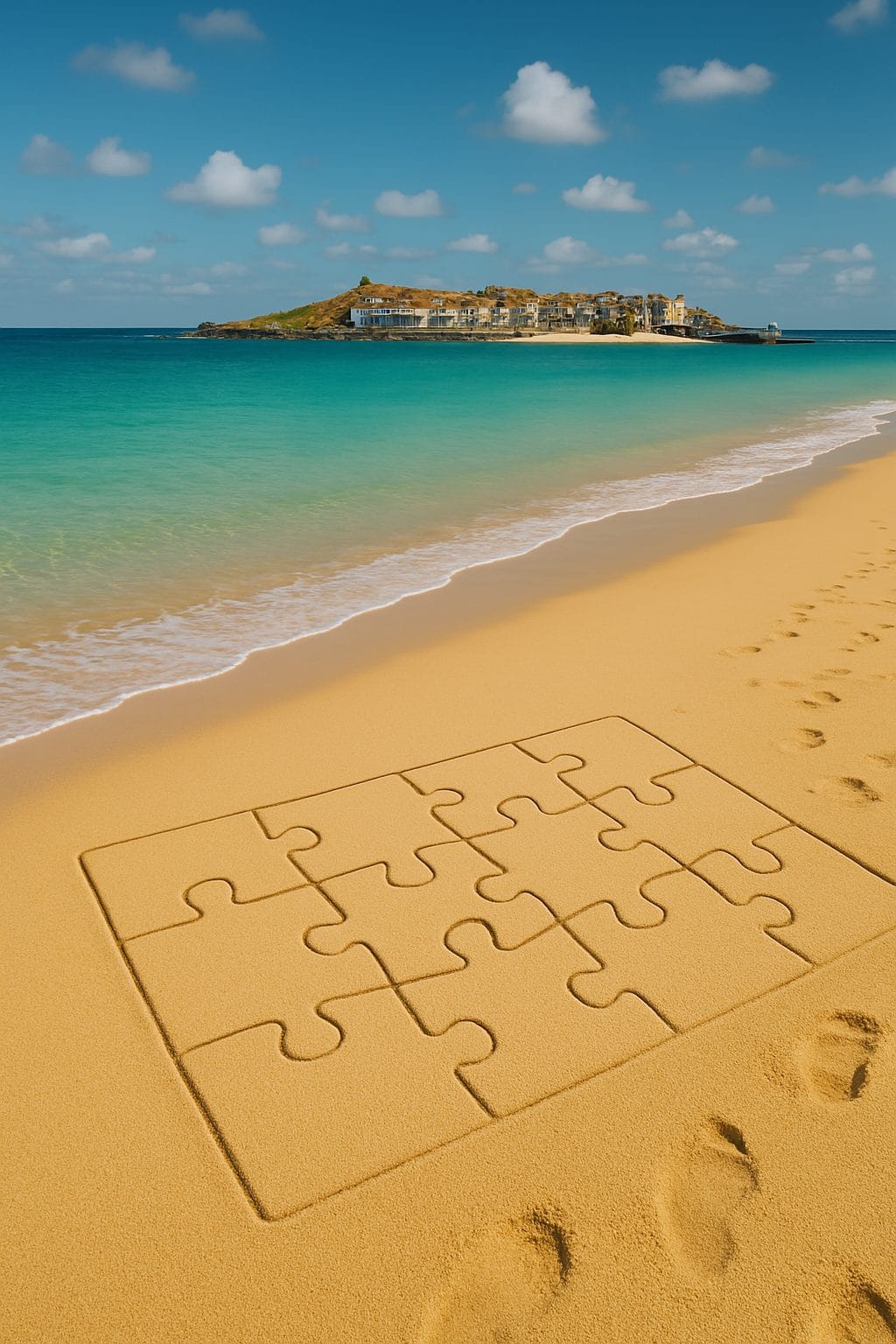 Jigsaw puzzle drawn in the sand on a St Ives beach with the town in the background