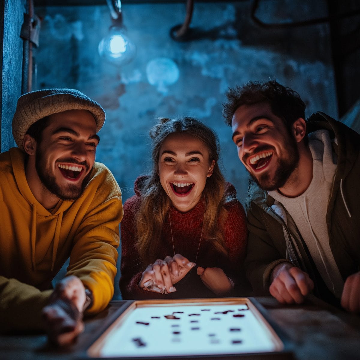 Group of friends laughing while solving puzzles in a Cornwall escape room