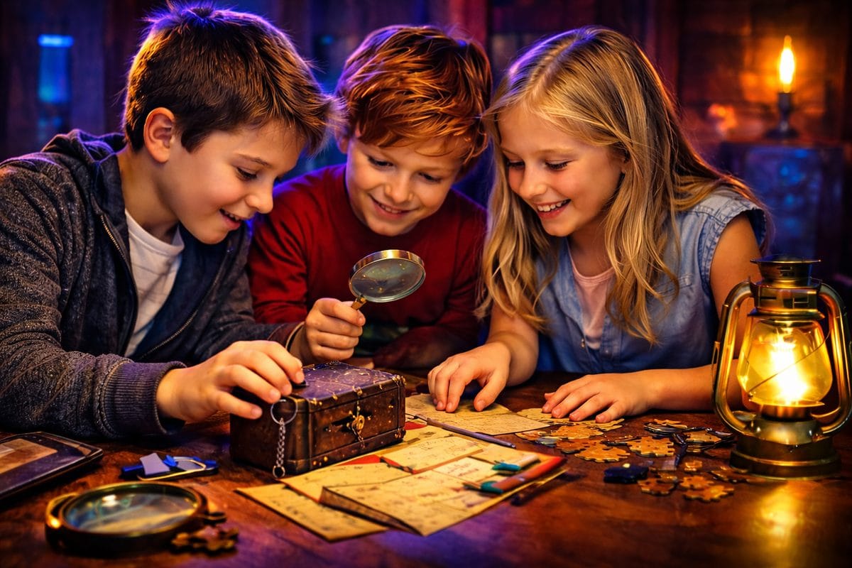 Children using a magnifying glass to solve clues around a treasure chest in an escape room